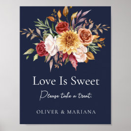 秋フローラネイビー結婚ブルーの愛は甘いサイン ポスター