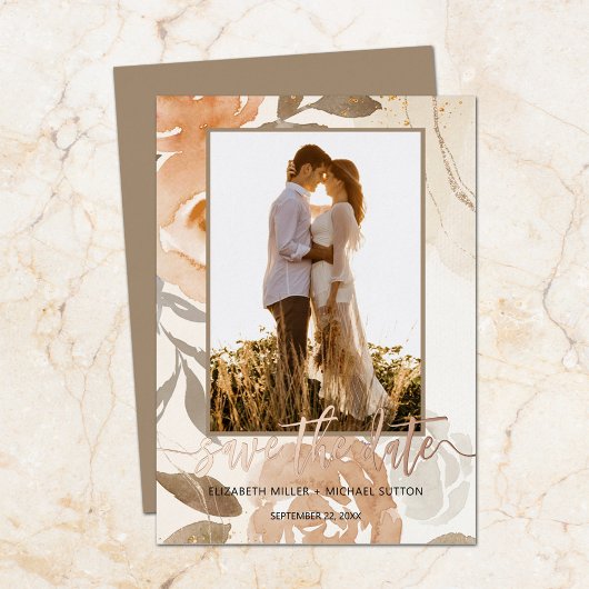 秋フローラバラ結婚式日付金ゴールドの保存 箔招待状