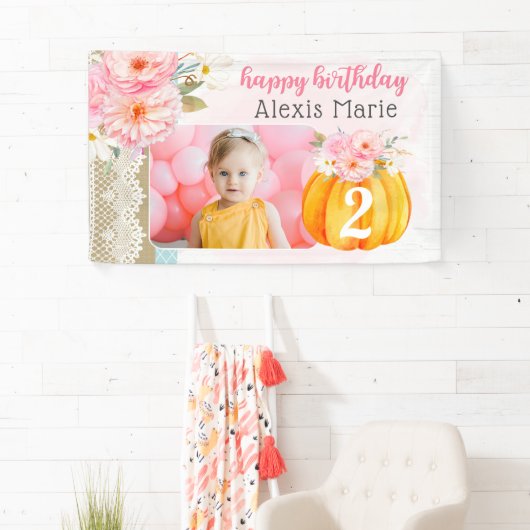 秋フローラパンプキンガールのカスタム誕生日写真 横断幕 (インサイチュ)