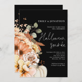 秋フローラパンプキンスクリプトハローウィンパーティブラック 招待状 (正面/裏面)