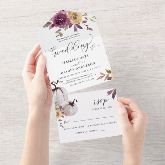 秋フローラパンプキンズブルゴーニュマスタード素朴 オールインワン招待状 (貼ってはがせる)