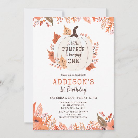秋フローラパンプキンファースト誕生日 招待状 (正面)
