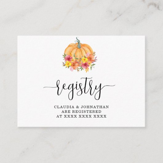 秋フローラパンプキンレジストリブライダルシャワー エンクロージャーカード (正面)