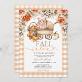 秋フローラピンクガールギンガムベアベビーベイビーシャワー 招待状 (正面/裏面)