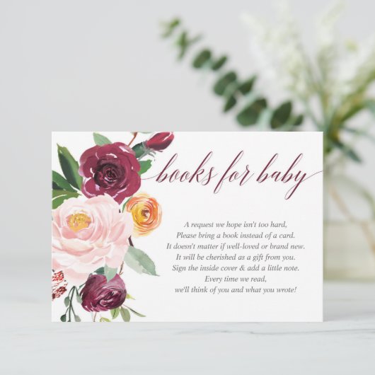 秋フローラピンクバーガンディ赤ちゃんシャワーブックリクエスト エンクロージャーカード (スタンド正面)