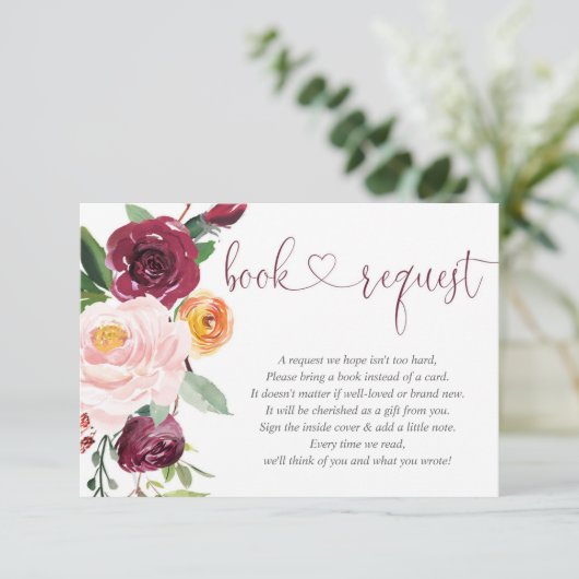 秋フローラピンクバーガンディ赤ちゃんシャワーブックリクエスト エンクロージャーカード (スタンド正面)