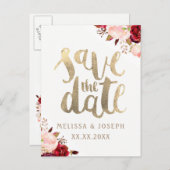 秋フローラフェイク金ゴールドフォイル日付を保存 案内ポストカード (正面/裏面)