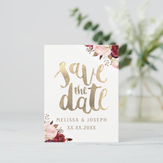 秋フローラフェイク金ゴールドフォイル日付を保存 案内ポストカード (スタンド正面)