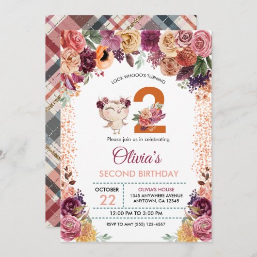 秋フローラフクロウ誕生日 招待状 (正面/裏面)