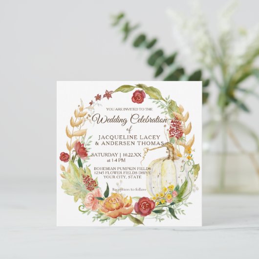 秋フローラブルガンディホワイトパンプキンリース結婚ズ 招待状 (スタンド正面)
