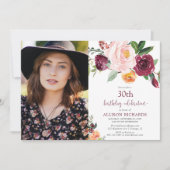 秋フローラブルゴーニュ赤面ピンクの誕生日の写真 招待状 (正面)