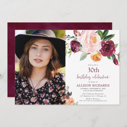 秋フローラブルゴーニュ赤面ピンクの誕生日の写真 招待状 (正面/裏面)