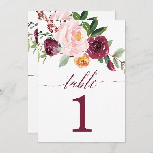 秋フローラブルゴーニュ赤面ピンクテーブル番号 招待状 (正面/裏面)