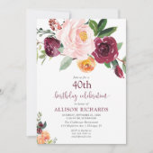 秋フローラブルゴーニュ赤面ピンク誕生日パーティー 招待状 (正面)