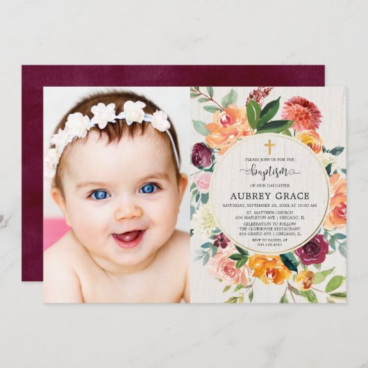 秋フローラブルゴーニュ赤面素朴バプテスマ写真 招待状 (正面/裏面)