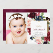 秋フローラブルゴーニュ赤面金ゴールド女の子バプテスマ写真 招待状 (正面/裏面)
