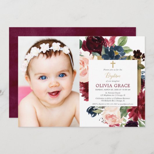 秋フローラブルゴーニュ赤面金ゴールド女の子バプテスマ写真 招待状 (正面/裏面)