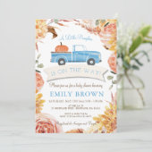 秋フローラブルーリトルカボチャ男の子ベイビーシャワー 招待状 (スタンド正面)