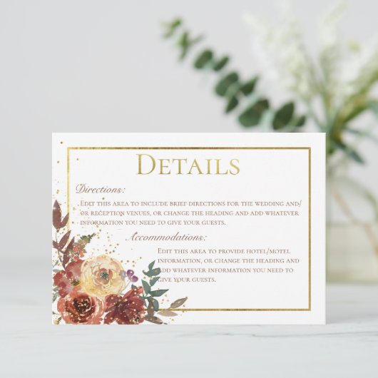 秋フローラブーケと金ゴールド結婚詳細 エンクロージャーカード (スタンド正面)