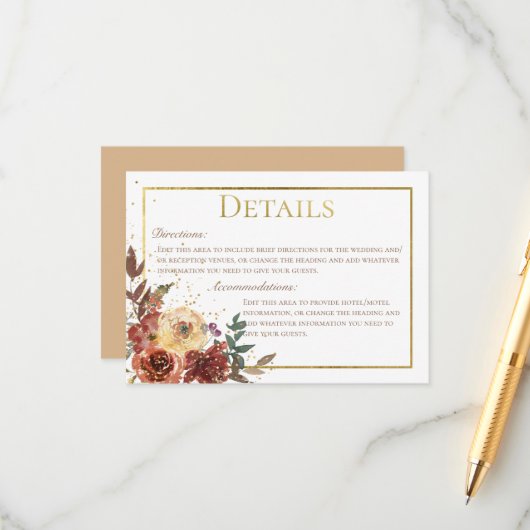 秋フローラブーケと金ゴールド結婚詳細 エンクロージャーカード (正面/裏面インサイチュ)
