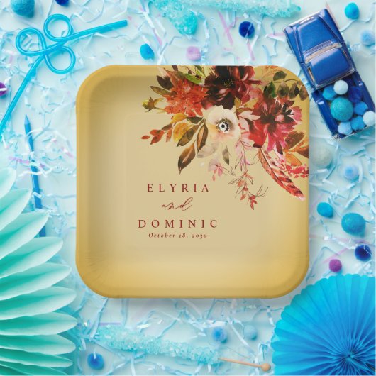 秋フローラブーケエレガント金ゴールドウォッ結婚シュ ペーパープレート (パーティー)