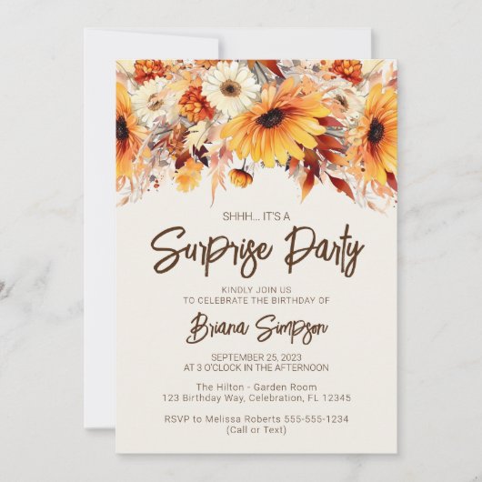 秋フローラベージュサプライズ誕生日 招待状 (正面)