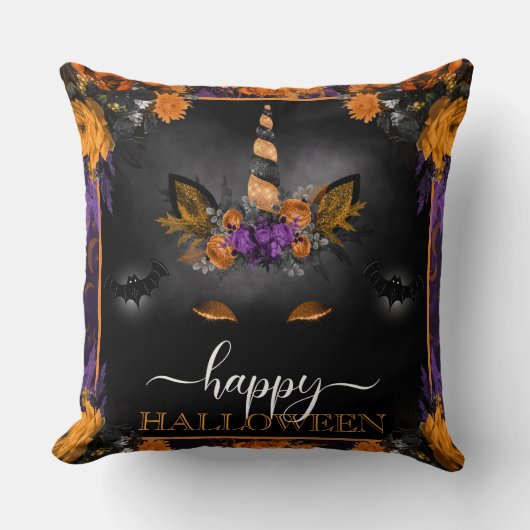 秋フローラユニコーン顔ハッピーハローウィン クッション (正面)