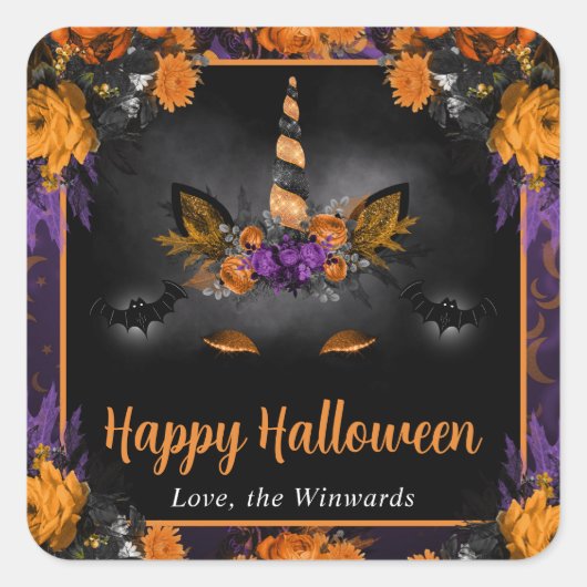 秋フローラユニコーン顔ハッピーハローウィン スクエアシール (正面)