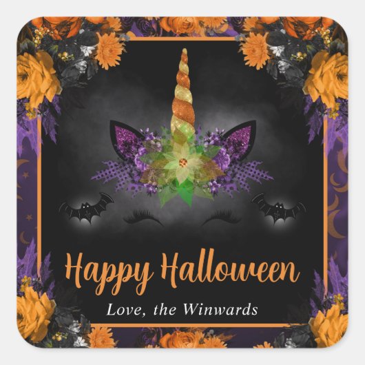 秋フローラユニコーン顔ハッピーハローウィン スクエアシール (正面)