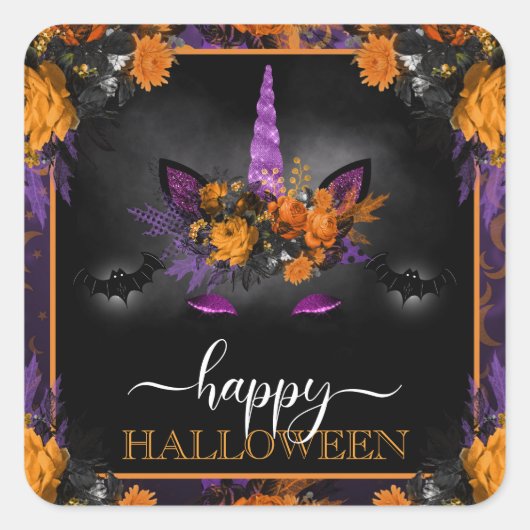 秋フローラユニコーン顔ハッピーハローウィン スクエアシール (正面)