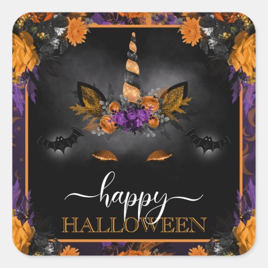 秋フローラユニコーン顔ハッピーハローウィン スクエアシール (正面)
