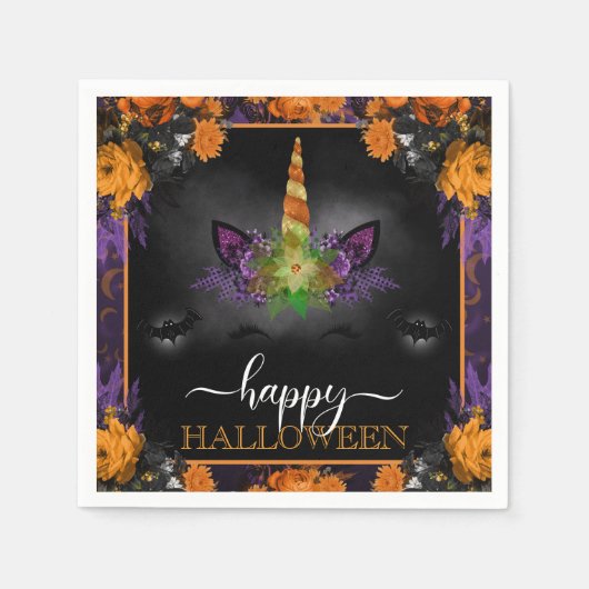 秋フローラユニコーン顔ハッピーハローウィン スタンダードカクテルナプキン (正面)
