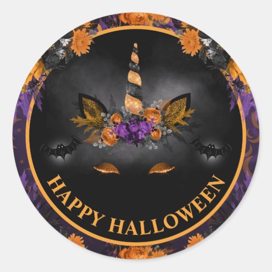 秋フローラユニコーン顔ハッピーハローウィン ラウンドシール (正面)