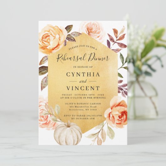 秋フローララグジュアリー金ゴールド結婚ズリハーサルディナー 招待状 (スタンド正面)