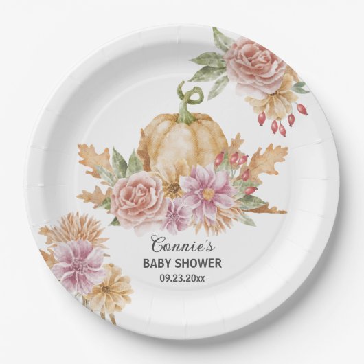 秋フローラリトルカボチャオンザウェイベイビーシャワー ペーパープレート (正面)