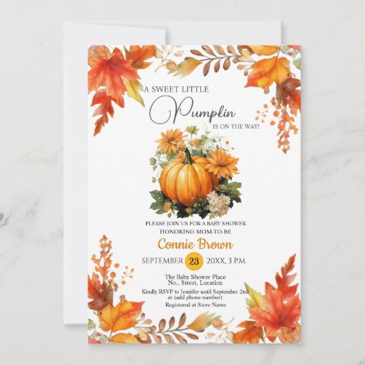 秋フローラリトルカボチャオンザウェイベイビーシャワー 招待状 (正面)