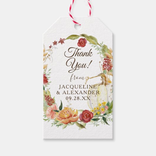 秋フローラリースホワイトパンプキンブライダルシャワーGIF ギフトタグ (正面)