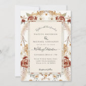 秋フローラレッドマスタード水の色の葉結婚色 招待状 (正面)