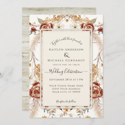 秋フローラレッドマスタード水の色の葉結婚色 招待状 (正面/裏面)