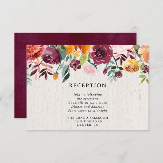 秋フローラ水の色の素朴な結婚式の受付 エンクロージャーカード (正面/裏面)