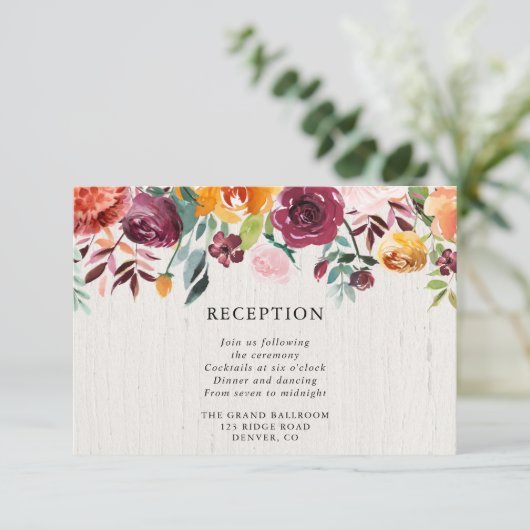 秋フローラ水の色の素朴な結婚式の受付 エンクロージャーカード (スタンド正面)