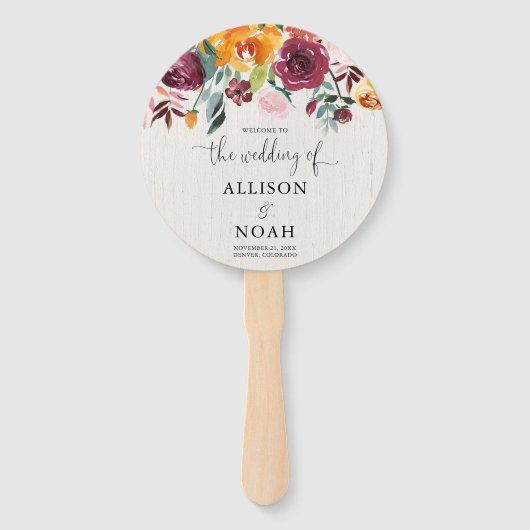 秋フローラ水彩素朴な結婚式プログラム ハンドファン (正面)