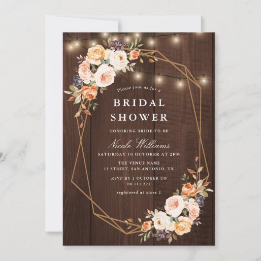秋フローラ素朴なストリングライトブライダルシャワー 招待状 (正面)