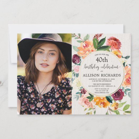 秋フローラ素朴な誕生日、成人任意の年齢写真 招待状 (正面)