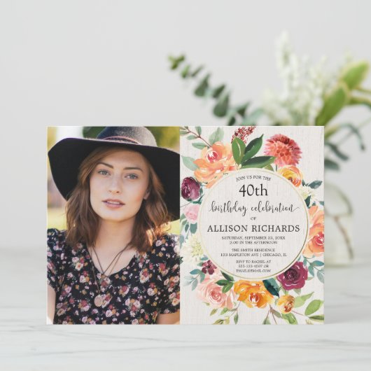 秋フローラ素朴な誕生日、成人任意の年齢写真 招待状 (スタンド正面)