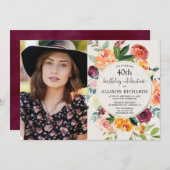 秋フローラ素朴な誕生日、成人任意の年齢写真 招待状 (正面/裏面)