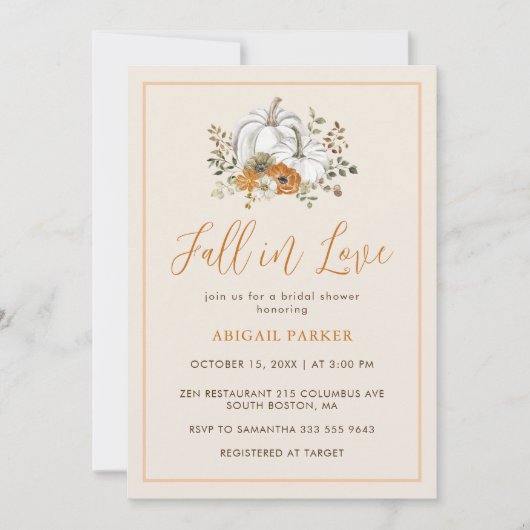 秋フローラ素朴ホワイトパンプキンブライダルシャワー 招待状 (正面)
