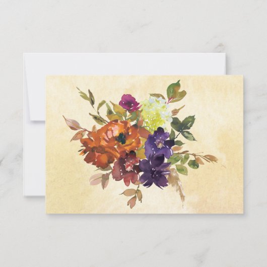 秋フローラ紫の燃えたオレンジ色の黄結婚色 出欠カード (裏面)