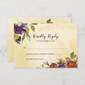 秋フローラ紫の燃えたオレンジ色の黄結婚色 出欠カード (正面/裏面)