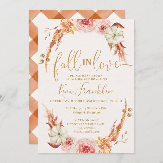 秋フローラ結婚と金ゴールドブライダルシャワーインビタ 招待状 (正面/裏面)